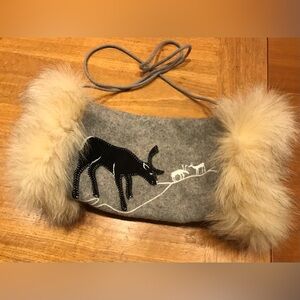 Vintage Grey wool Felt Shoulder Muff with Caribou motif and Fur trim